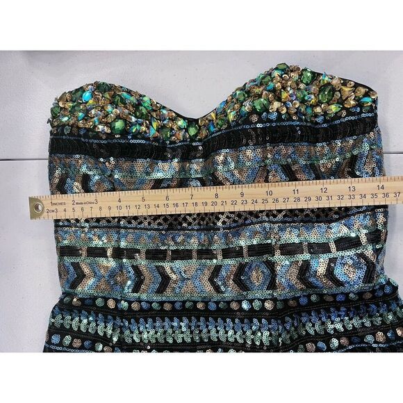 Precious Formals Sequin Mini Dress Sparkle Size 4 Blue Green Black Chunky Stones - Picture 5 of 10
